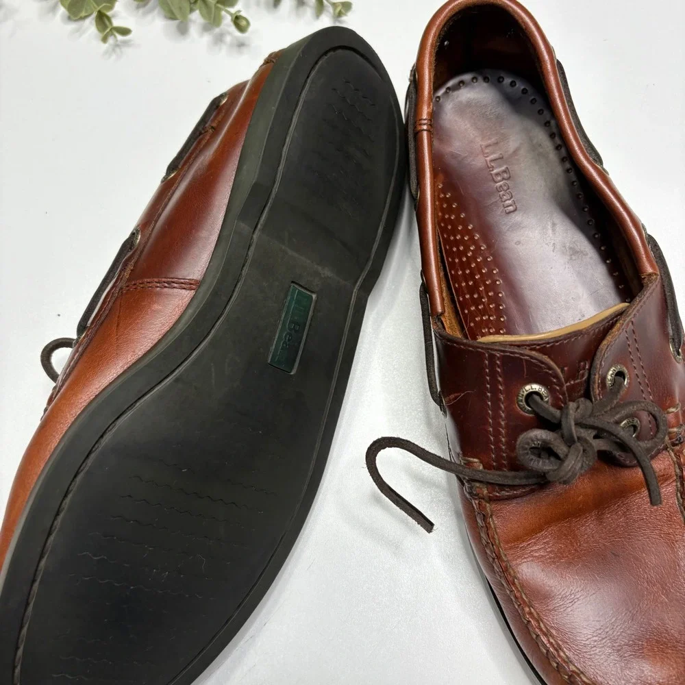 LL Bean Leather Boat Shoes Mens Size 9 Brown Lace Up Loafers Casual Comfort